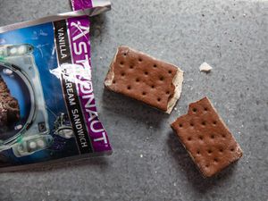 Closeup of an opened package containing an astronaut ice cream sandwich. The sandwich lies nearby, broken in half.