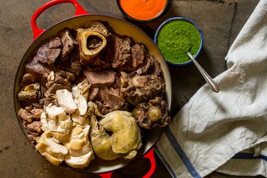 overhead view of bollito misto in Dutch oven