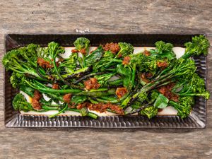 Overhead shot of charred broccolini with XO sauce on a platter