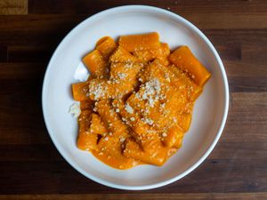 A white bowl filled with rigatoni alla vodka topped with parmesan.