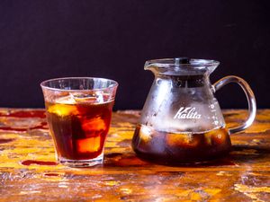 A glass and pitcher with Japenese-Style Iced Coffee. 