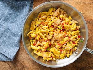 A skillet of homemade Jamaican ackee and saltfish.