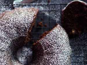 Overhead of chocolate banana bundt cake.