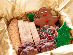 Overhead view of holiday cookie assortment