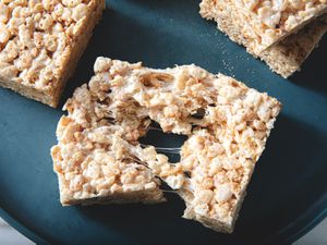 Overhead view of a torn apart rice krispie treat