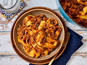 Overhead view of pappardelle with pork ragu