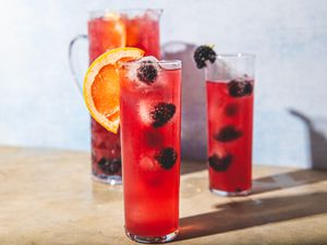 View of grapefruit, blackberry, and sage infused water