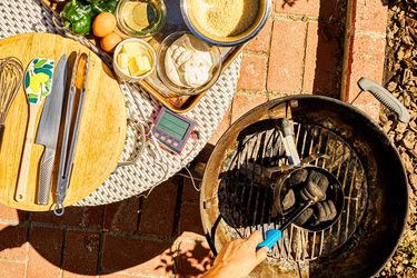 Overhead view of baking set up for grill