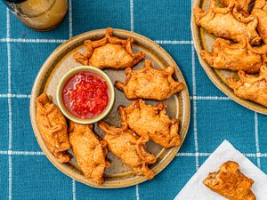 Overhead view of empanadas on a checkered blue background