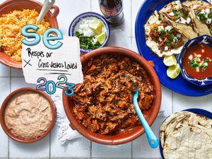 Overhead view of birria, with a graphic that says "SE Recipes our Cross-testers Loved"