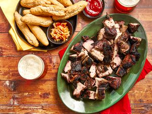 Overhead view of jerk pork on a platter