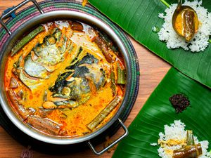 Overhead view of fish head curry