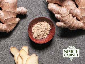 Overhead view of ground ginger in a bowl