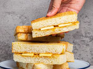 Side view of stack of kaya toast