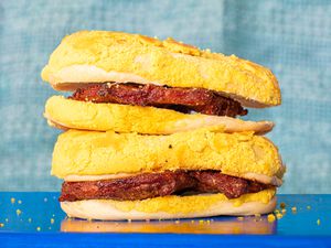 Side view of pork chop sandwich