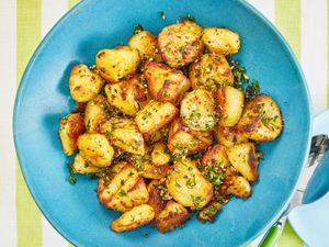 Overhead view of air fryer potatoes