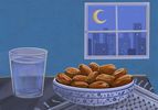 An illustration of a glass of water and a bowl of dates sitting in front of a window.