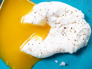 Overhead view of a cut poached egg