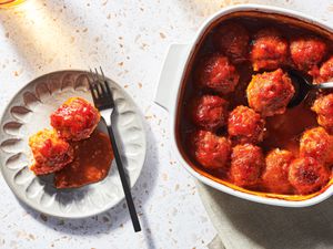 Overhead view of plated ham balls