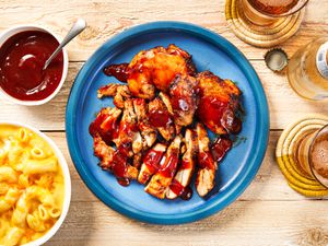 Overhead view of air fryer bbq chicken