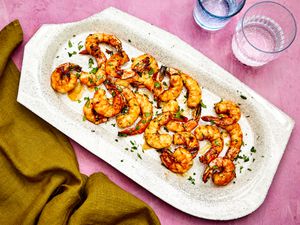 Overhead view of shrimp on a platter