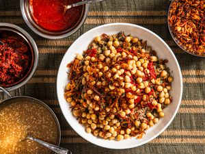 Overhead view of koshari in bowl