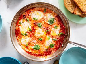 Overhead view of eggs in purgatory