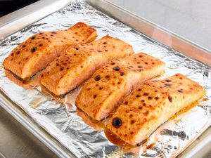 Side view of broiled salmon