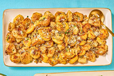 Overhead view of crispy roast potatoes