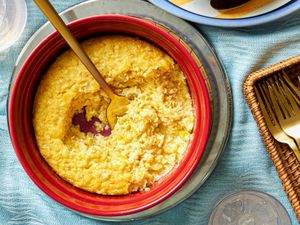 Pennsylvania Dutch pudding in a red baking dish.