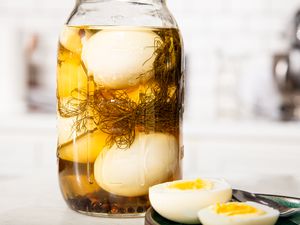 Side view of pickled eggs