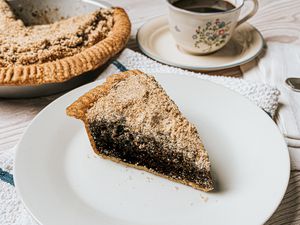 Overhead view of steps to make shoofly pie