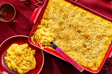 Overhead view of butternut squash mac and cheese