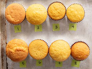 Overhead view of yellow cake mix taste test