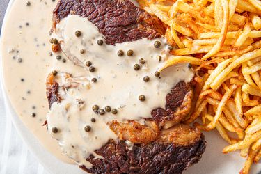 Overhead view of steak frites