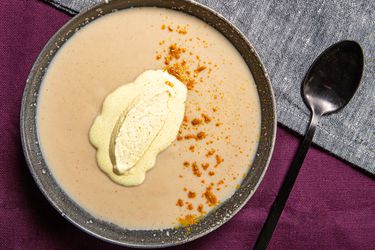 Overhead view of cauliflower soup