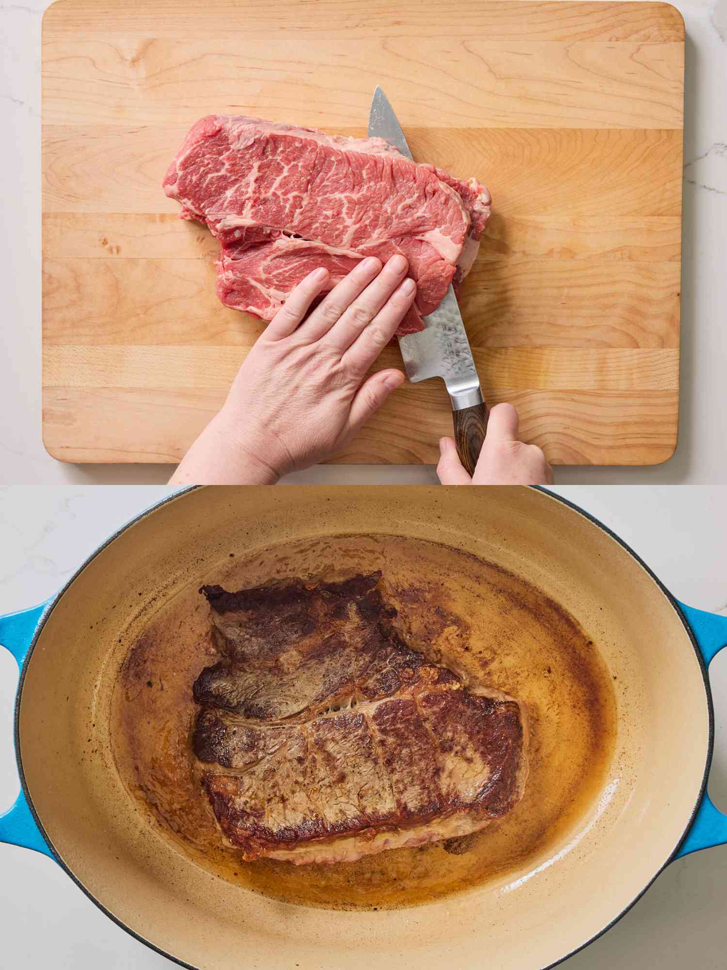 2 image collage. Top: Slicing chuck roast stead hoizontally Bottom: searing meat in dutch oven