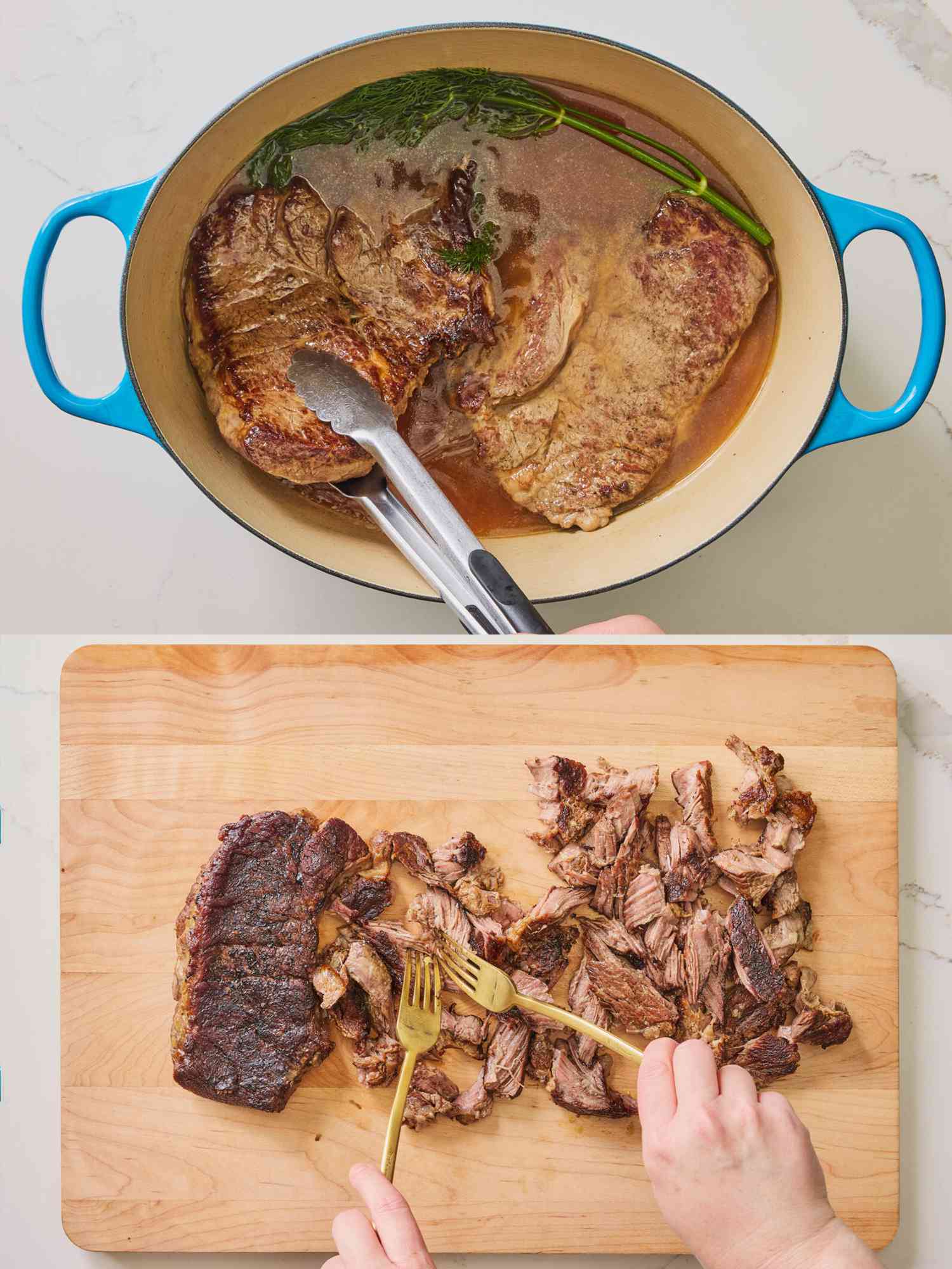 2 image collage. Top: chuck roast in dutch oven with broth and dill Bottom: shredding meat with 2 forks on chopping board 