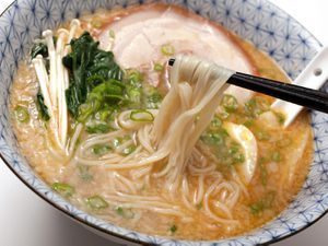 A bowl of ramen noodle soup; you can transform regular pasta into ramen noodles with baking soda.