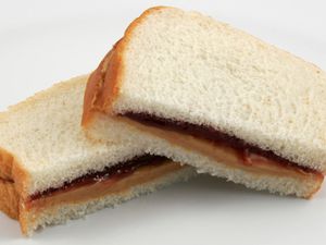 Peanut butter and jelly sandwich on white sliced bread, cut in half with the cut sides facing the camera. 