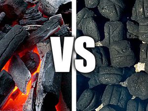 A custom image which shows lump charcoal on the left side of the image and charcoal briquettes on the right side of the image. Dividing the image is a white line with the letters "VS", meaning versus, in between them, to indicate the two types of charcoal are competing.