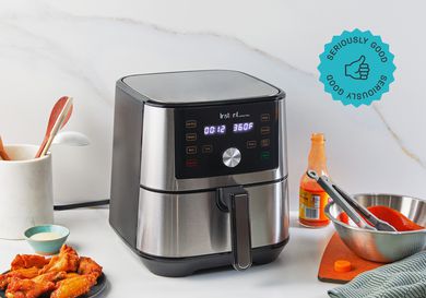 The Instant Pot air fryer on a kitchen countertop.