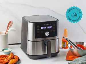 The Instant Pot air fryer on a kitchen countertop.