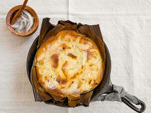 Overhead view of bibingka in cast iron pan