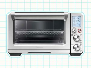 The Breville toaster oven we recommend on a patterned background