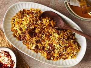 Overhead view of lamb biryani