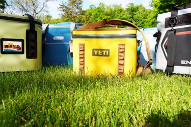 Several soft coolers on a grassy surface