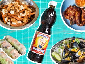 A collage of fish sauce and different dishes.