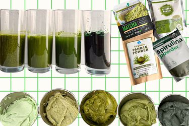 Composite image of green food powders (matcha, spinach, pandan, and spirulina) in water and frosting