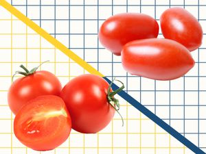 Graphic of cherry tomatoes and grape tomatoes on a grid 